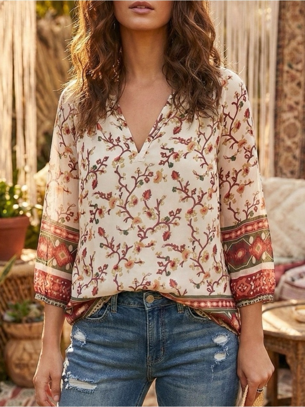 Old Navy Cream Boho Blouse with Floral Print and Border M.